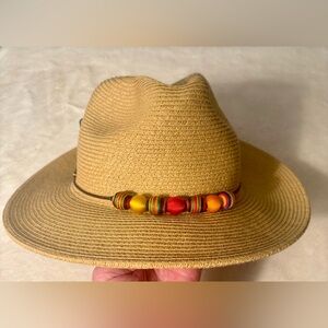 Caribbean Joe wide brimmed straw sun beach hat with multi colored wrapped beads